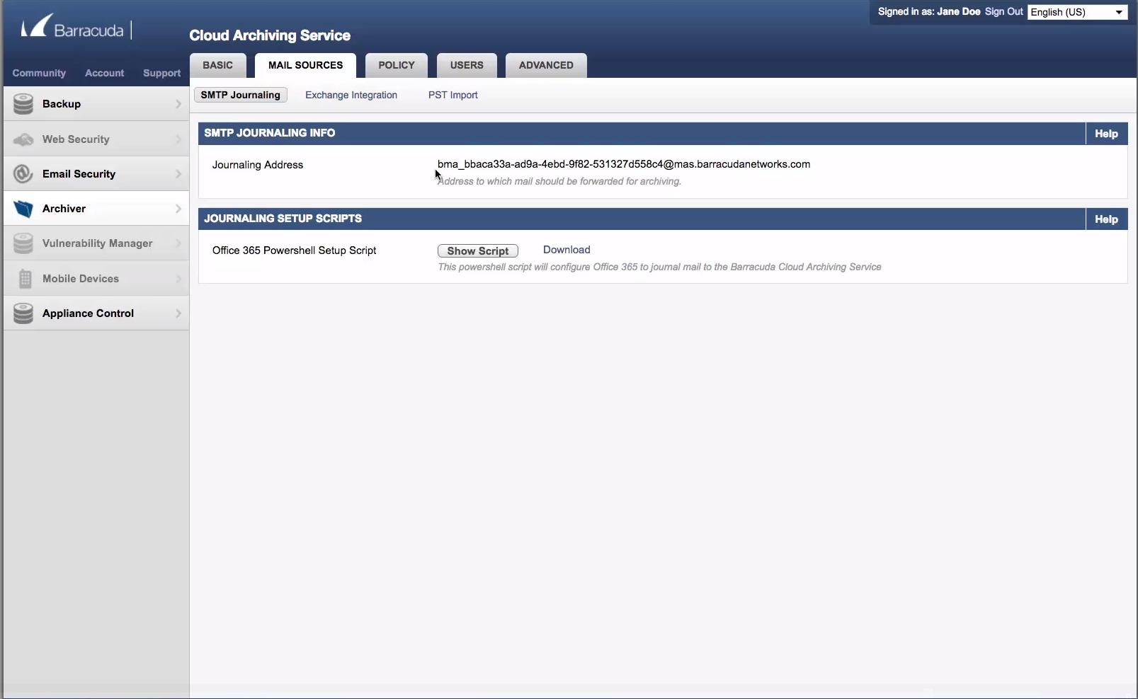 Display of journal address for Barracuda Essentials archiving Display of journal address for Barracuda Essentials archiving