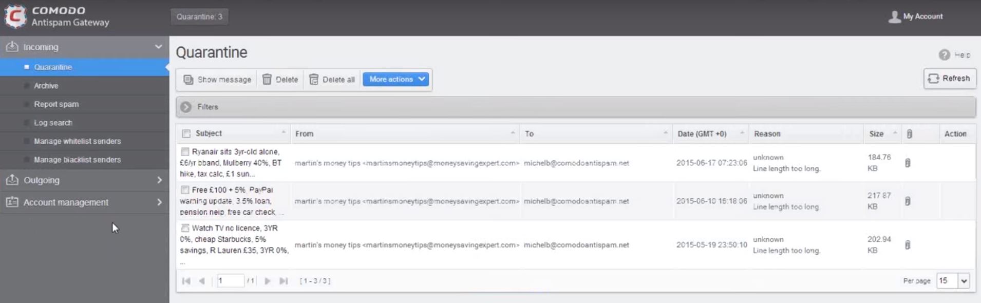 Comodo Dome Antispam email logs for administrators Comodo Dome Antispam email logs for administrators