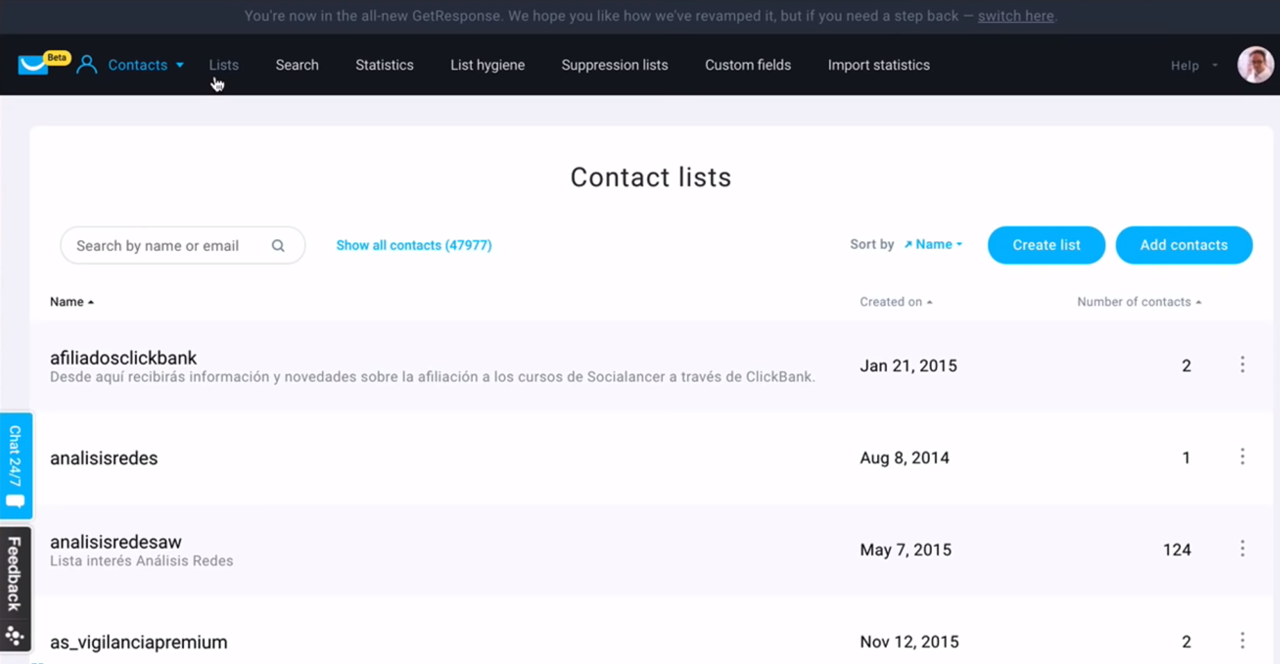 Get Response Contact lists Get Response Contact lists