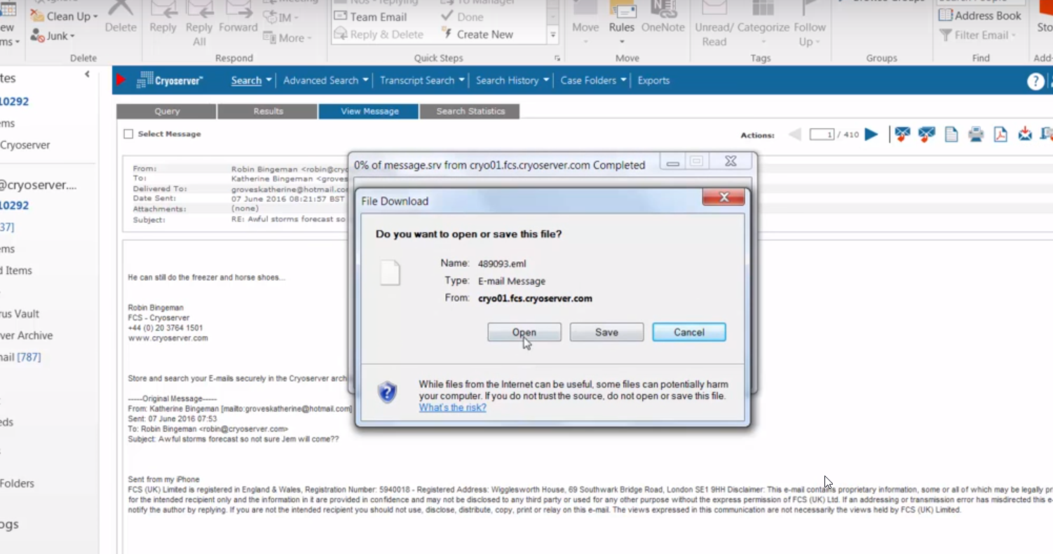 End user downloading an archived email from Cryoserver as a .eml file End user downloading an archived email from Cryoserver as a .eml file