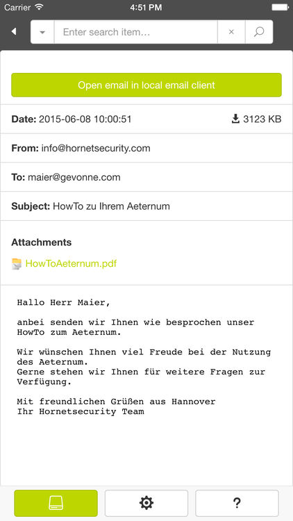 Example of how the Hornetsecurity email archive is access via the iPhone app Example of how the Hornetsecurity email archive is access via the iPhone app