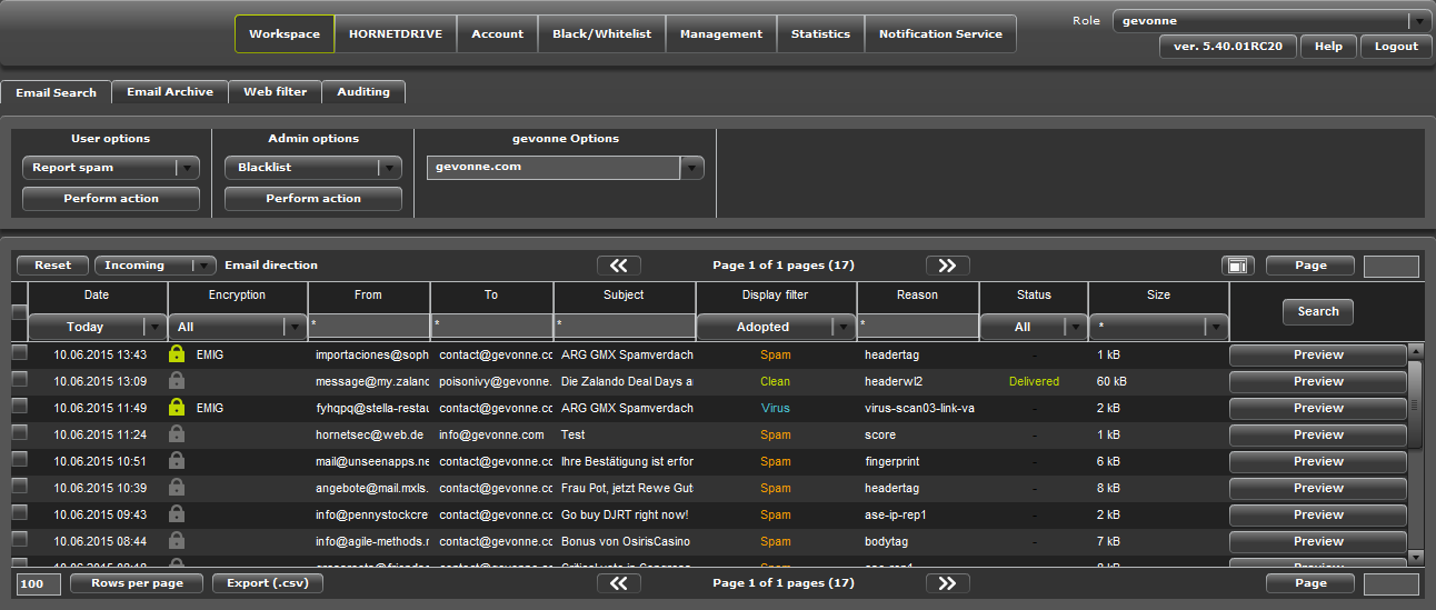 Hornetsecurity administrator email logs. The default log background is black but this can be changed to a white background. Hornetsecurity administrator email logs. The default log background is black but this can be changed to a white background.