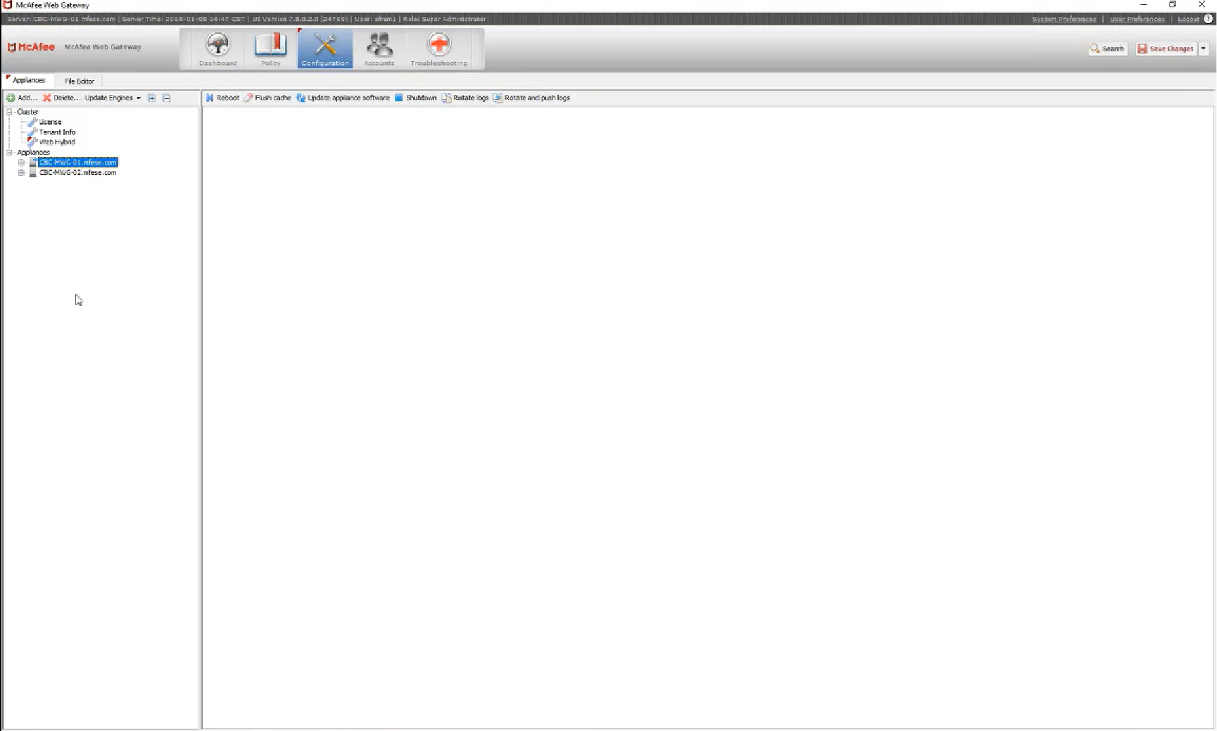 McAfee Secure Web Gatway configuration dashboard McAfee Secure Web Gatway configuration dashboard