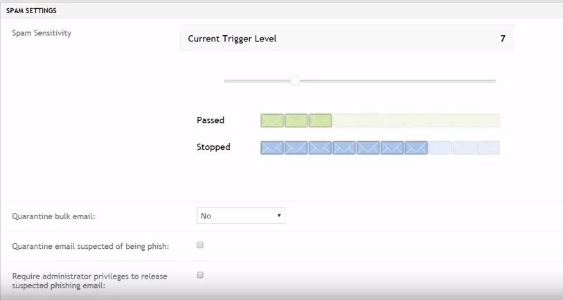 Configuring the spam filter settings in Proofpoint Essentials. Note that the configurations settings are basic. Configuring the spam filter settings in Proofpoint Essentials. Note that the configurations settings are basic.